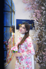 Elara Cream & Pink Floral 3-Piece Stitched Suit for Women