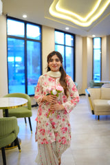 Elara Cream & Pink Floral 3-Piece Stitched Suit for Women
