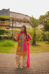 Rania Multicolor 3-Piece Stitched Suit with Flared Shalwar