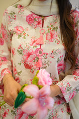 Elara Cream & Pink Floral 3-Piece Stitched Suit for Women