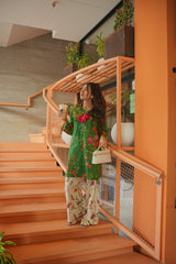 Gulnaar Green Floral 3-Piece Stitched Suit with Pink Dupatta