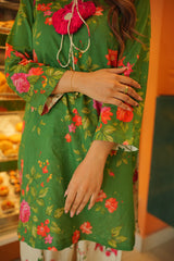 Gulnaar Green Floral 3-Piece Stitched Suit with Pink Dupatta