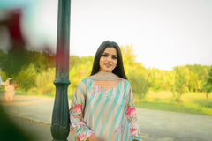 Azure – Aqua & Cream Striped Floral Stitched Suit