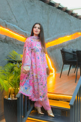 Pink Pearl – Floral Shamoze Silk 3-Piece Stitched Suit
