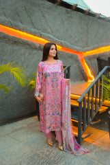 Pink Pearl – Floral Shamoze Silk 3-Piece Stitched Suit