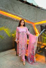 Pink Pearl – Floral Shamoze Silk 3-Piece Stitched Suit