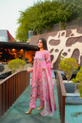 Pink Pearl – Floral Shamoze Silk 3-Piece Stitched Suit