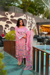 Pink Pearl – Floral Shamoze Silk 3-Piece Stitched Suit