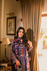 Sapphire Veil – Navy Blue Printed Silk 3-Piece Stitched Suit