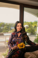 Sapphire Veil – Navy Blue Printed Silk 3-Piece Stitched Suit