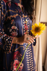 Sapphire Veil – Navy Blue Printed Silk 3-Piece Stitched Suit
