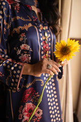 Sapphire Veil – Navy Blue Printed Silk 3-Piece Stitched Suit