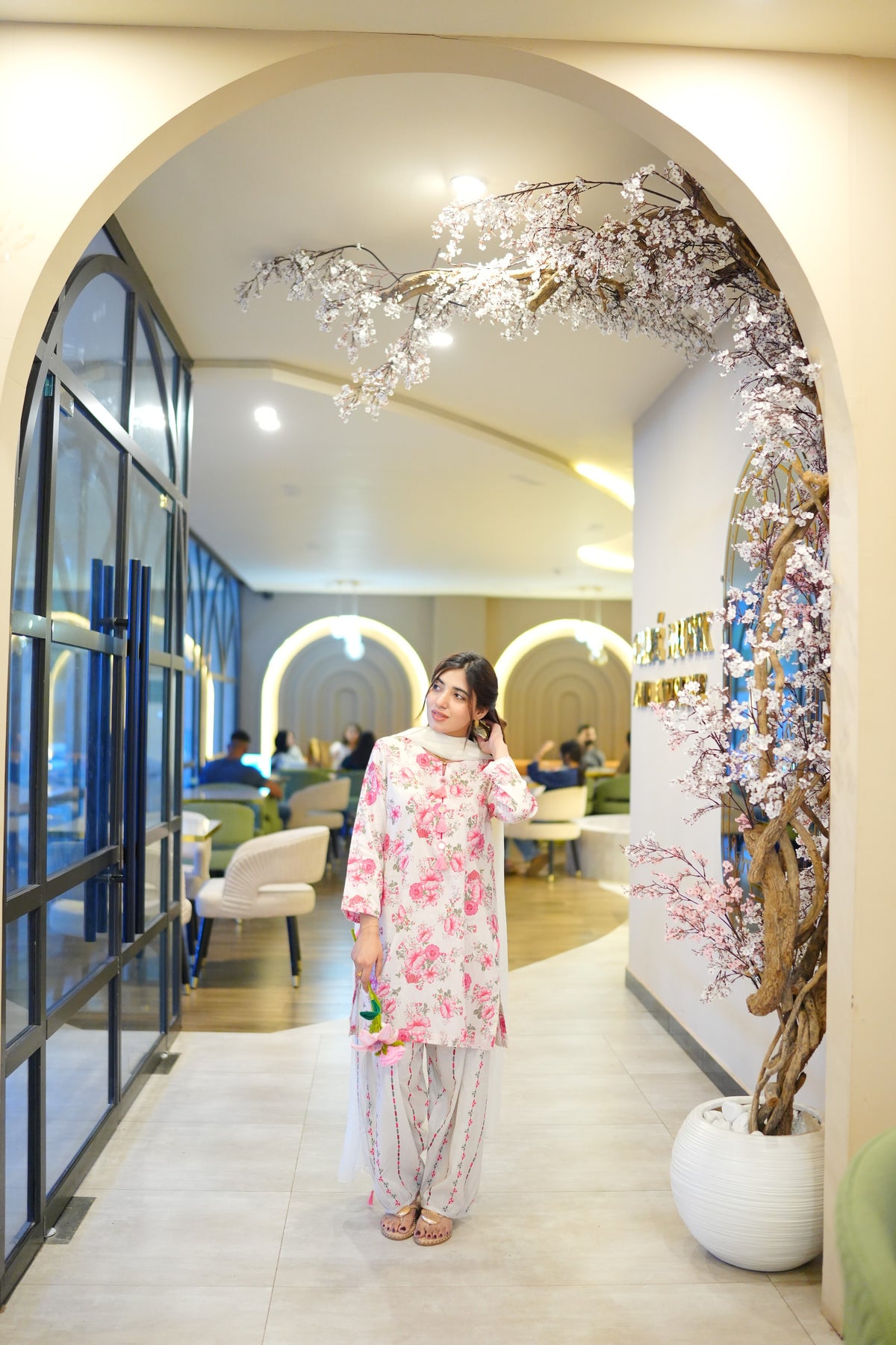 Elara Cream & Pink Floral 3-Piece Stitched Suit for Women