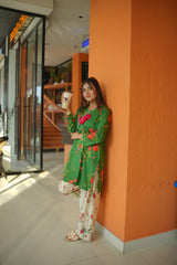 Gulnaar Green Floral 3-Piece Stitched Suit with Pink Dupatta