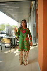 Gulnaar Green Floral 3-Piece Stitched Suit with Pink Dupatta