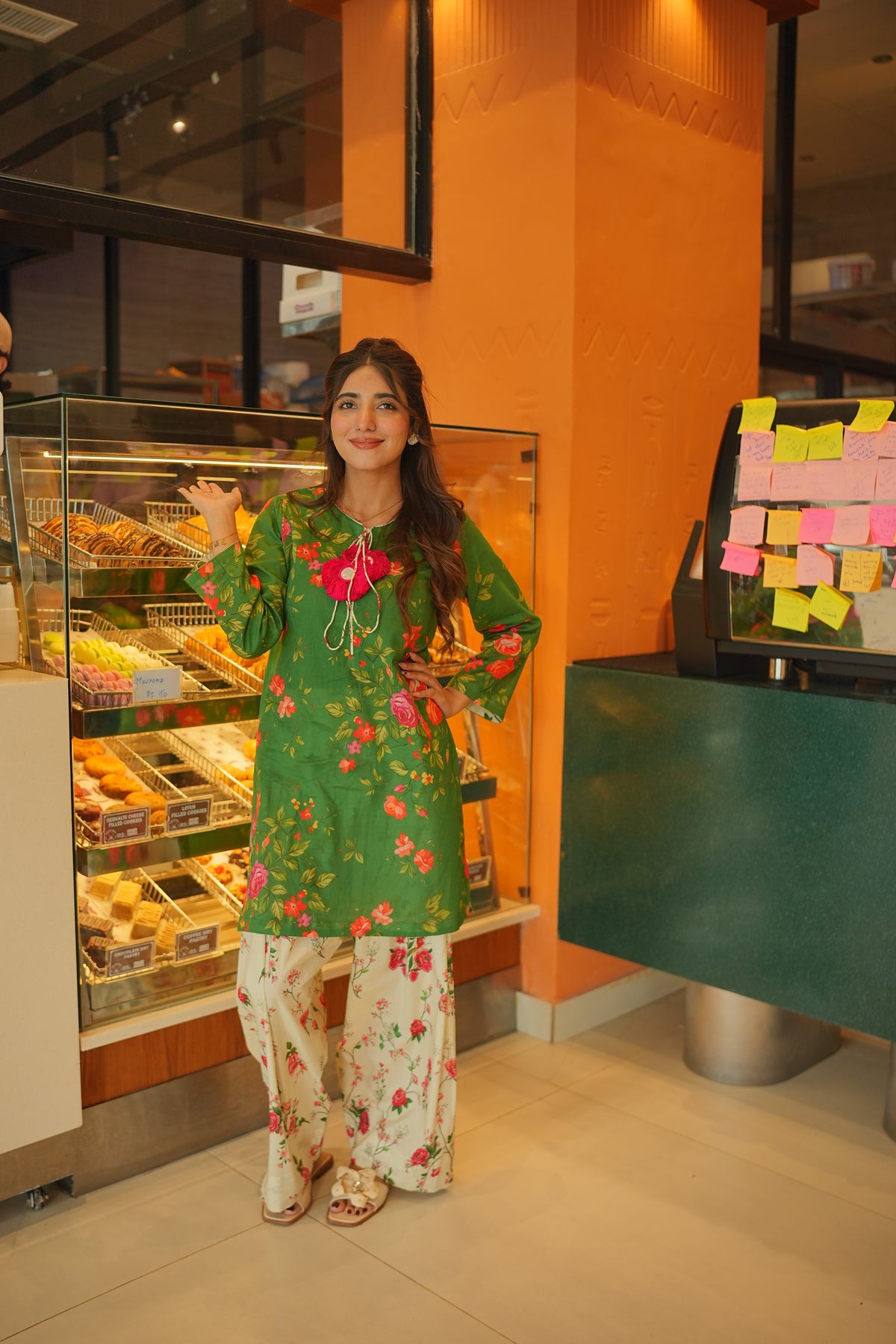 Gulnaar Green Floral 3-Piece Stitched Suit with Pink Dupatta