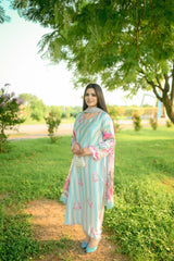 Azure – Aqua & Cream Striped Floral Stitched Suit