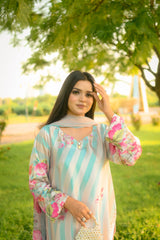 Azure – Aqua & Cream Striped Floral Stitched Suit