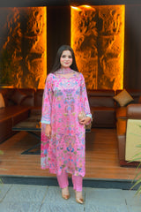 Pink Pearl – Floral Shamoze Silk 3-Piece Stitched Suit