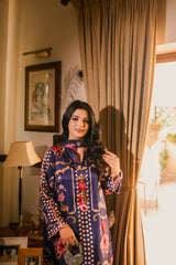 Sapphire Veil – Navy Blue Printed Silk 3-Piece Stitched Suit