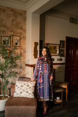 Sapphire Veil – Navy Blue Printed Silk 3-Piece Stitched Suit